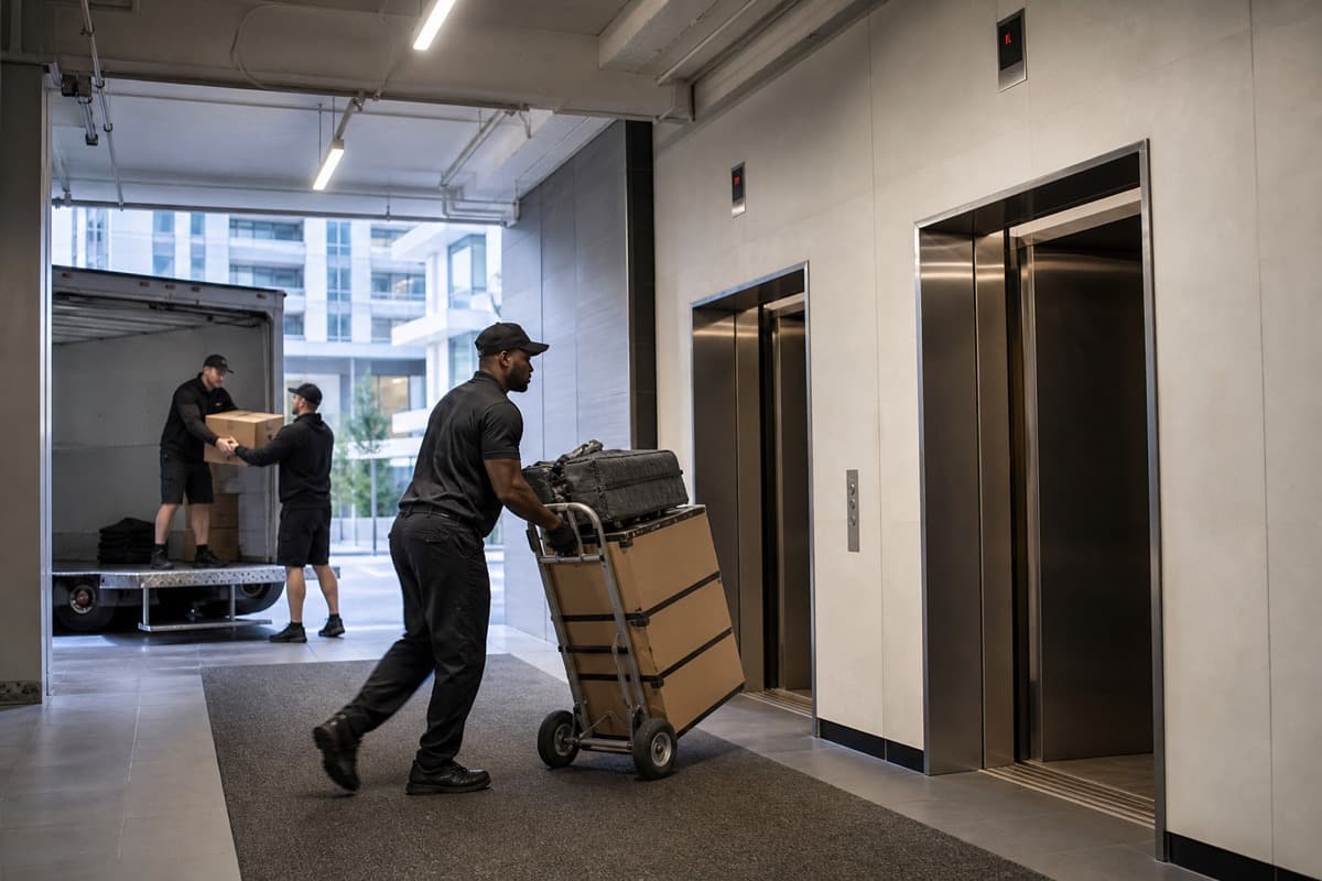 Condo moving crew at a Toronto high-rise loading area